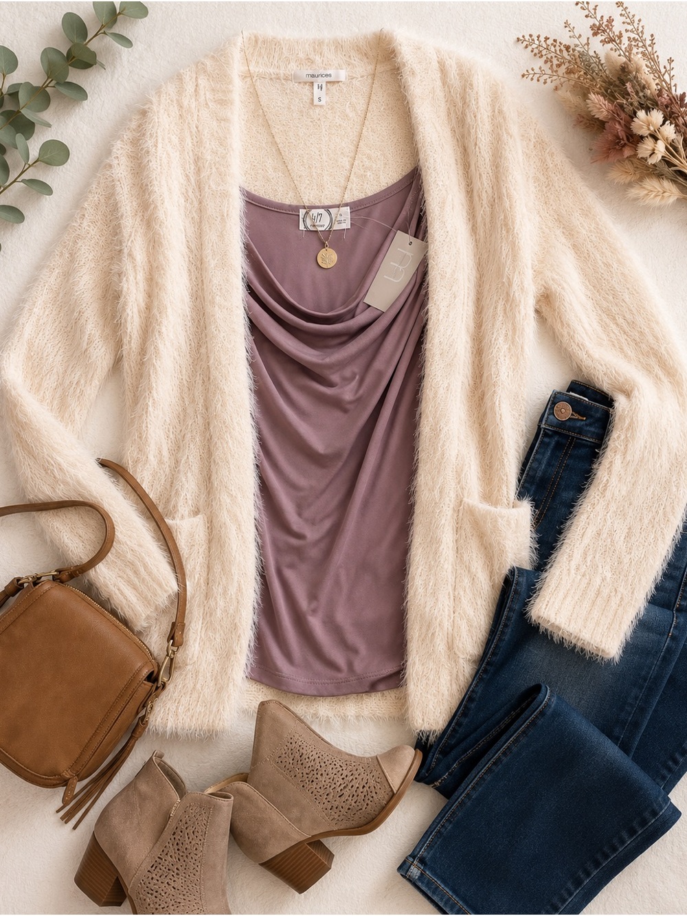Maurices Ivory Eyelash Cardigan & Dusty Mauve Cowl Neck Tank Set NWT Small